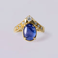 Vintage 14K Yellow Gold Blue Sapphire Pear Ring with Diamond Chevron Accent | Statement Cocktail Ring