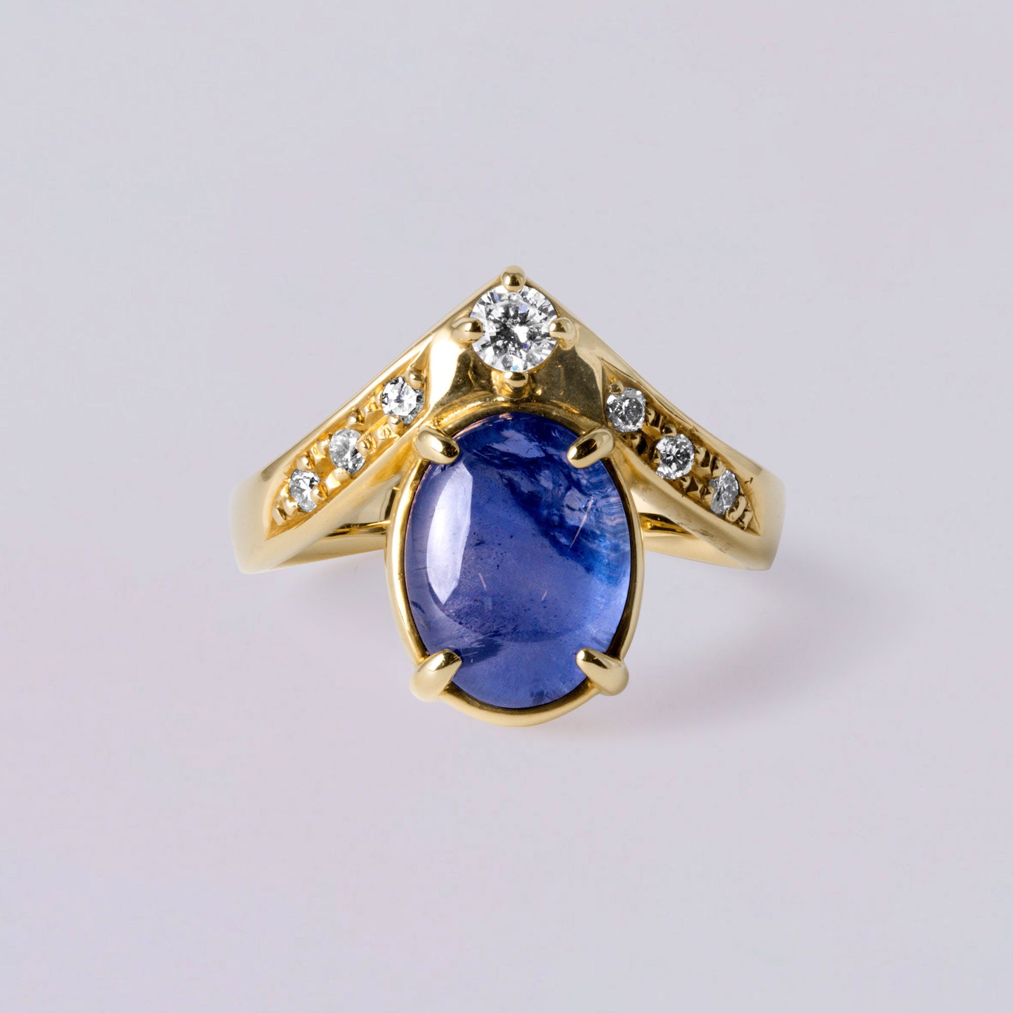Vintage 14K Yellow Gold Blue Sapphire Pear Ring with Diamond Chevron Accent | Statement Cocktail Ring