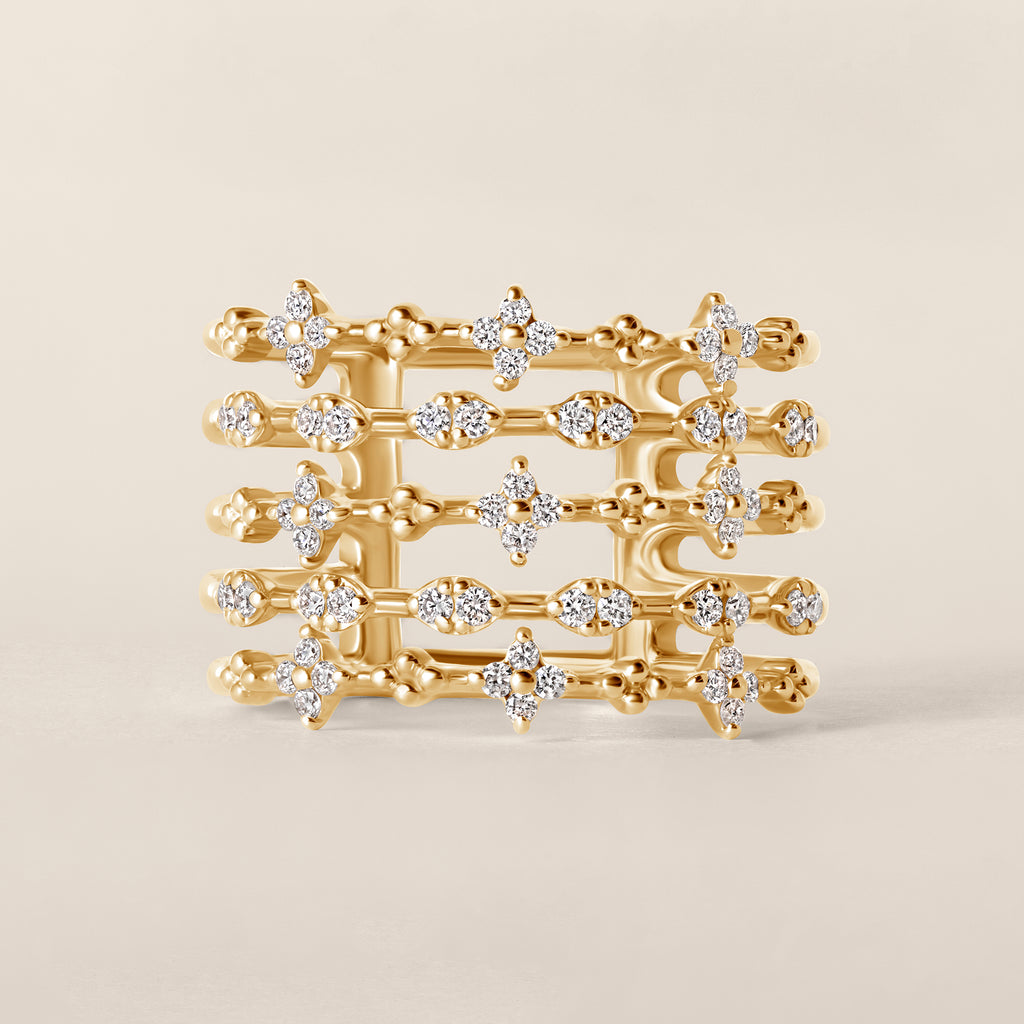 14k Yellow Gold Elegant Lab Diamond Multi-Band Floral Ring