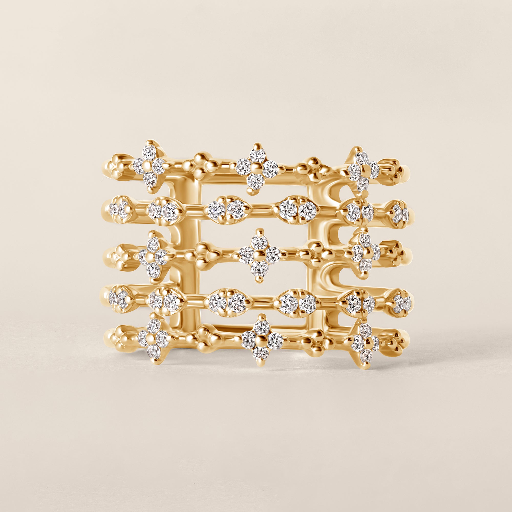 14k Yellow Gold Elegant Lab Diamond Multi-Band Floral Ring