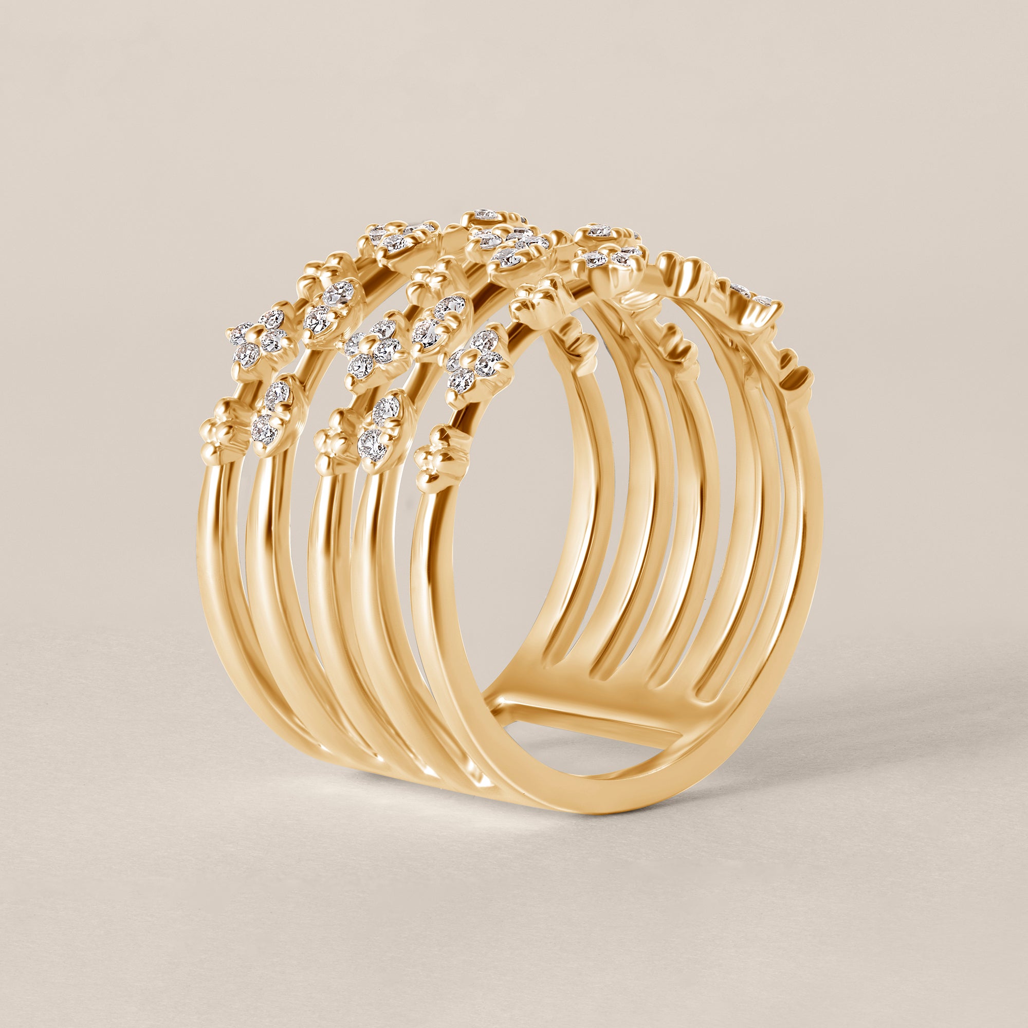 14k Yellow Gold Elegant Lab Diamond Multi-Band Floral Ring